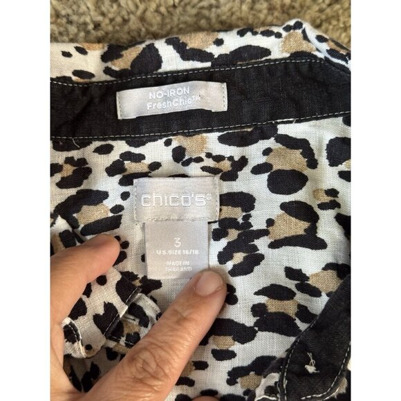 CHICOS Linen Cheetah Animal Print 3/4 Sleeve Button Down Shirt Top Sz 3 16/18 - Picture 4 of 9